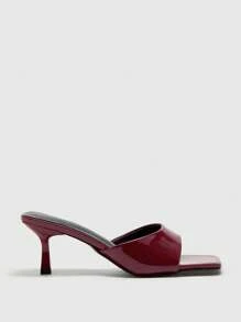 CUCCOO BIZCHIC Chic Burgundy Glossy Patent Leather Simple Square Toe Thin High Heel Mule Sandals, Suitable For Commuting, Dating, Gathering, Party, Holiday, Wedding Summer Shoes - Burgundy - View 2