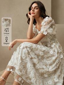 Anewsta 女士精美金色金属刺绣网眼花卉刺绣修身长裙，优雅春季服装 - 白色 - 查看 1