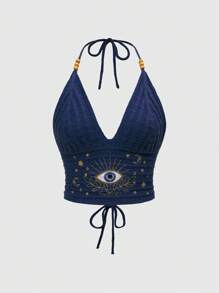 ROMWE Women Boho Hippie Style Summer, Moon & Star Embroidery Knit Beaded Top - Navy Blue - View 5