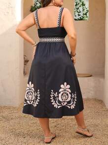 SHEIN Clasi Plus Size Botanical Print Square Neck Sleeveless Tie Waist Dress - Multicolor - View 2