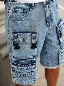 Manfinity Roughcore Herren ausgewaschene hellblaue Denim Cargo Shorts, Streetwear Loose Fit Jorts - Helle Waschung - Übersicht 8