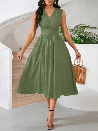 SHEIN Lady Urlaubskleider knielang ärmelloses Sommerkleid für Frauen, grün melierter Gewebe-Texturstoff