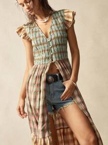 Bohemela Boho Woven Plaid V-Neck Slit Dolman Sleeve Mid-Length Dress For Women - Multicolor - View 7