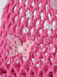 ROMWE Fairycore 1pc Fashionable Personalized Spring/Summer Beach Vacation Style Orange Ocean Woven Beach Bag, Large Size Women Handbag - Multicolor - View 4