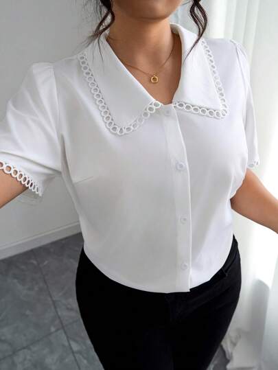 Elenzga Plus Size Women Elegant White Blouse,Business Casual Shirt With Peter Pan Collar And Lace Trim
