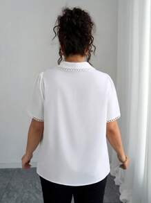 Elenzga 加大码女式优雅白色衬衫，商务休闲衬衫，彼得潘领和蕾丝花边