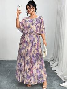 Reflora 大码女式夏季优雅褶皱雪纺连衣裙，飘逸长款漂亮连衣裙，女士优雅连衣裙，女士春季连衣裙，女士连衣裙，大码女式春季连衣裙，粉色连衣裙，女士长裙，花裙，女士紫色连衣裙，飘逸连衣裙，女士连衣裙，优雅礼服，女士夏季服装，工作夏装 - 紫色 - 查看 4