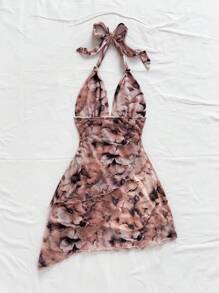 Soleia Váy ngắn lãng mạn, cổ chữ V, in hoa nhuộm loang, có dây rút, thích hợp cho các dịp lễ, hẹn hò, tiệc trà chiều ngày lễ tình nhân - Nhiều màu - Xem 2