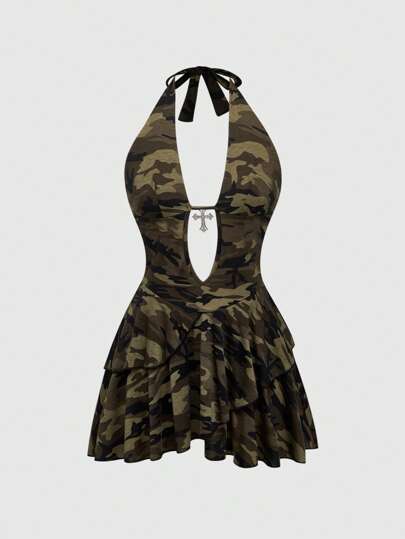 J-Fashion Women's Y2K Music Festival Sexy Harajuku Sister Style Cross Decor Halter Lace-Up Camouflage Mini Dress