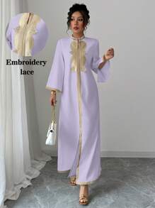 Elenzga 女士优雅V领刺绣蕾丝拼布开衩下摆长款连衣裙