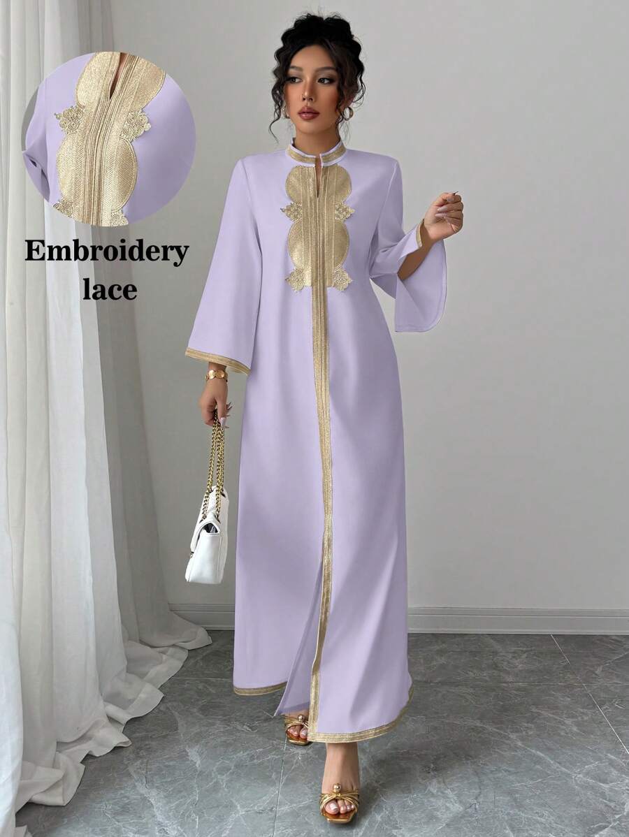 Elenzga 女士优雅V领刺绣蕾丝拼布开衩下摆长款连衣裙