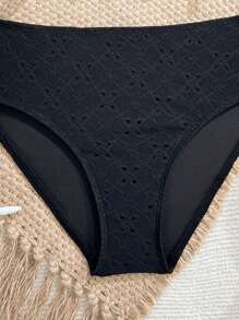 SHEIN Conjunto de bikini de niña preadolescente con tirantes de espagueti de unicolor con recorte de volantes y calado - Negro - Ver 4