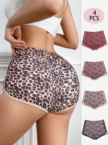 SHEIN 4 piezas Paquete de Calzones casuales de mujer con estampado de leopardo y cintura elástica