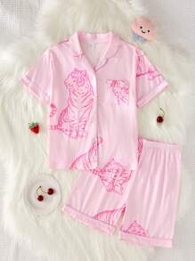 Conjunto de pijama de 2 piezas para niñas preadolescentes con cárdigan de manga corta y estampado de animales, y pantalones cortos en color rosa claro