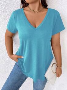 SHEIN LUNE CURVE 大码女式宽松V领T恤新年服装 - 藍色 - 查看 7