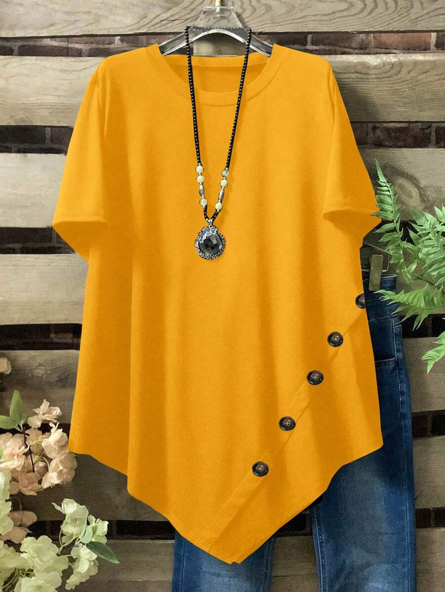 Camiseta de cuello redondo de manga corta de unicolor talla grande, de moda para el verano - Amarillo - Ver 1