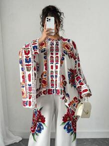 Elenzga Plus Size Floral Print Asymmetrical Hem Batwing Casual Shirt + Loose Wide Leg Pants Elegant Two Pieces Set, Suitable For Party Fall Cloth For Women - Multicolor - View 4