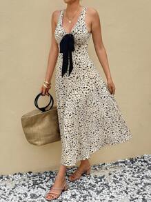 SHEIN Frenchy Women's Floral Print Bow Decor V-Neck Sleeveless Mid-Length Dress Summer Casual - Multicolor - View 6