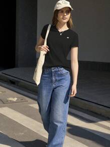 Jouncy T-shirt à manches courtes et col en V pour femme, couleur unie, à la mode pour l'été - Noir - Voir 6