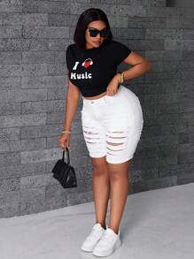 SHEIN Plus Size Autumn Casual Solid Color Distressed Slim Fit Denim Shorts - White - View 3