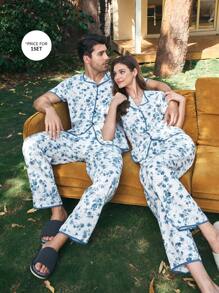 Manfinity 墨色花卉印花领开衫和休闲裤男士睡衣套装 - 藍色 - 查看 1