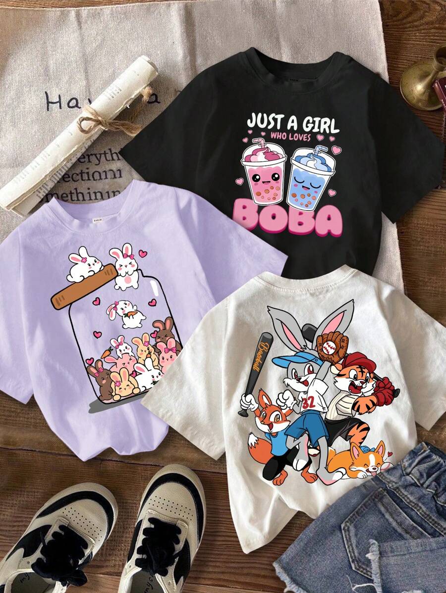 SHEIN Leap Crew 3pcs/Set Young Girls' Casual Cartoon Graphic T-Shirts, Versatile For Summer - Multicolor - View 1