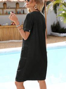 Breezaya Women's Button-Up Half Placket Short Sleeve Pocket Straight Casual Denim Dress