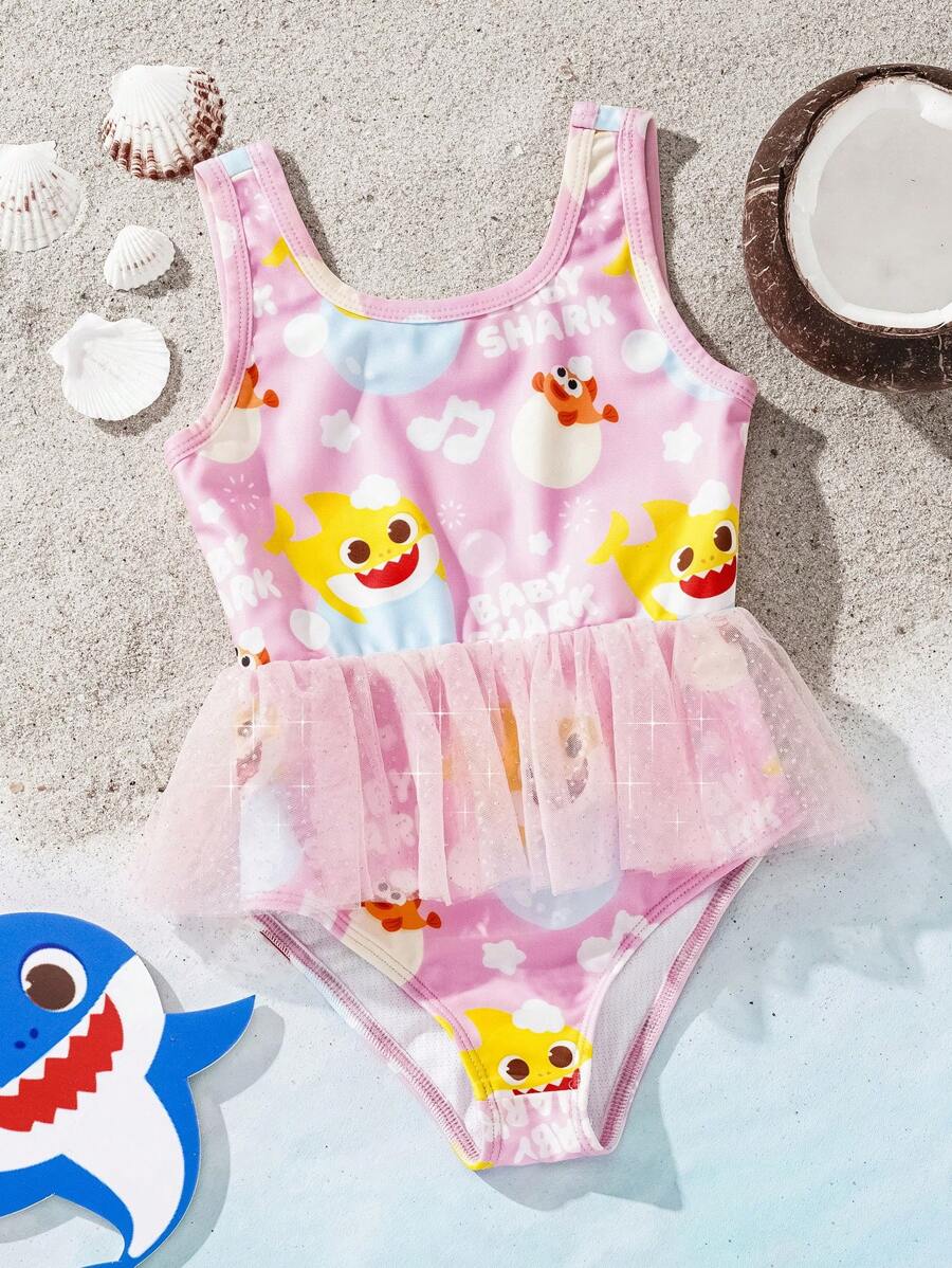 BABY SHARK X SHEIN Young Girl Cartoon Shark Print Mesh Splice One-Piece Swimsuit