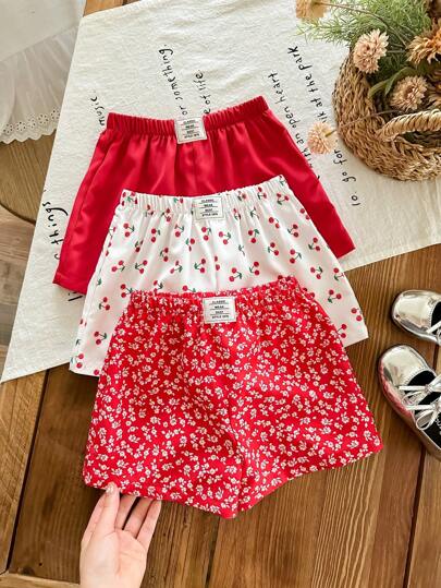SHEIN LMoss Kids Set de 3 shorts elásticos de cintura con estampado floral ditsie "Babygirl" para niñas pequeñas, lindos y versátiles para el verano