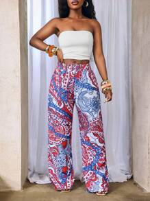 BamGleam 女士花卉印花松紧腰直筒休闲裤，适合度假穿着 - 彩色 - 查看 1