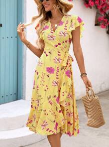 Breezaya Vestido midi estilo envolvente con estampado floral para mujeres