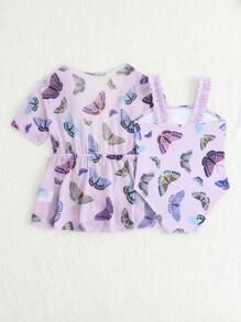 Baby Girls Butterfly Print 1-Piece Swimsuit With Cover-Up, Suitable For Summer, Beach - Multicolor - View 2