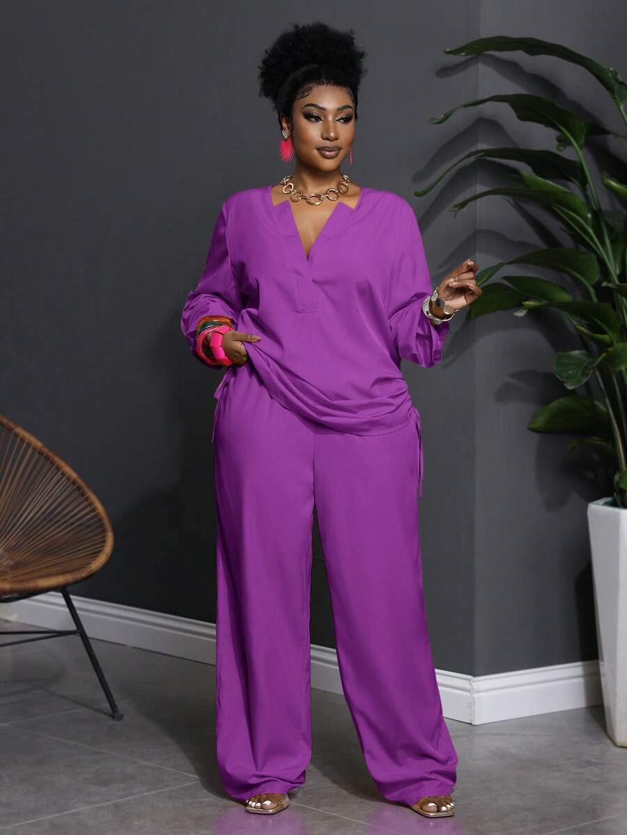Slaydiva Conjunto de 2 piezas de talla grande para mujer de estilo occidental, con top de manga larga y pantalones de unicolor morado, cuello con muesca
