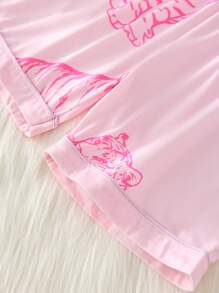 Conjunto de pijama de 2 piezas para niñas preadolescentes con cárdigan de manga corta y estampado de animales, y pantalones cortos en color rosa claro
