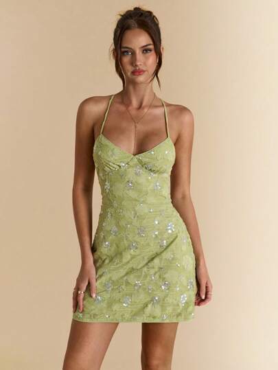 SHEIN BAE 夏季女式露背亮片提花绿色度假迷你连衣裙