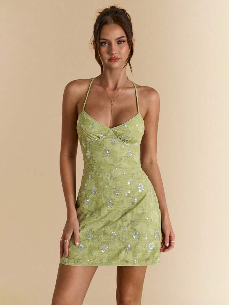SHEIN BAE Summer Women's Backless Sequin Jacquard Green Resort Mini Dress,Mint Green Dress - Green - View 1