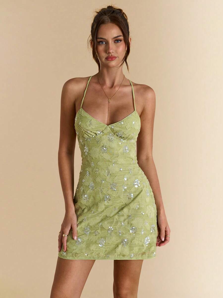 SHEIN BAE 夏季女式露背亮片提花绿色度假迷你连衣裙