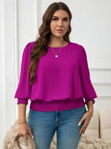 SHEIN LUNE Camicetta casual con maniche a palloncino, tinta unita, adatta per le feste di Capodanno, taglie comode - Viola rosso - Visualizzare 6