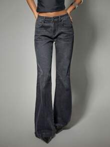 SHEIN Forever 21 Spring&Summer Women Valentine Day/Casual/Vintage/Festival/Country Concert/Brunch/Homecoming/Easter/Guest/Tea Party/Basic/Concert Women/Prom /Wedding/Rave Festival/Formal/Cowgirl/Western/Cocktail Jeans/Club/Spring/Birthday/Cute/Classy/Going Out/Straight Leg Jeans/Vacation/Blue Washed/Low Rise/Bell Bottom Jeans/Y2k/Flared Jeans - Black - View 1