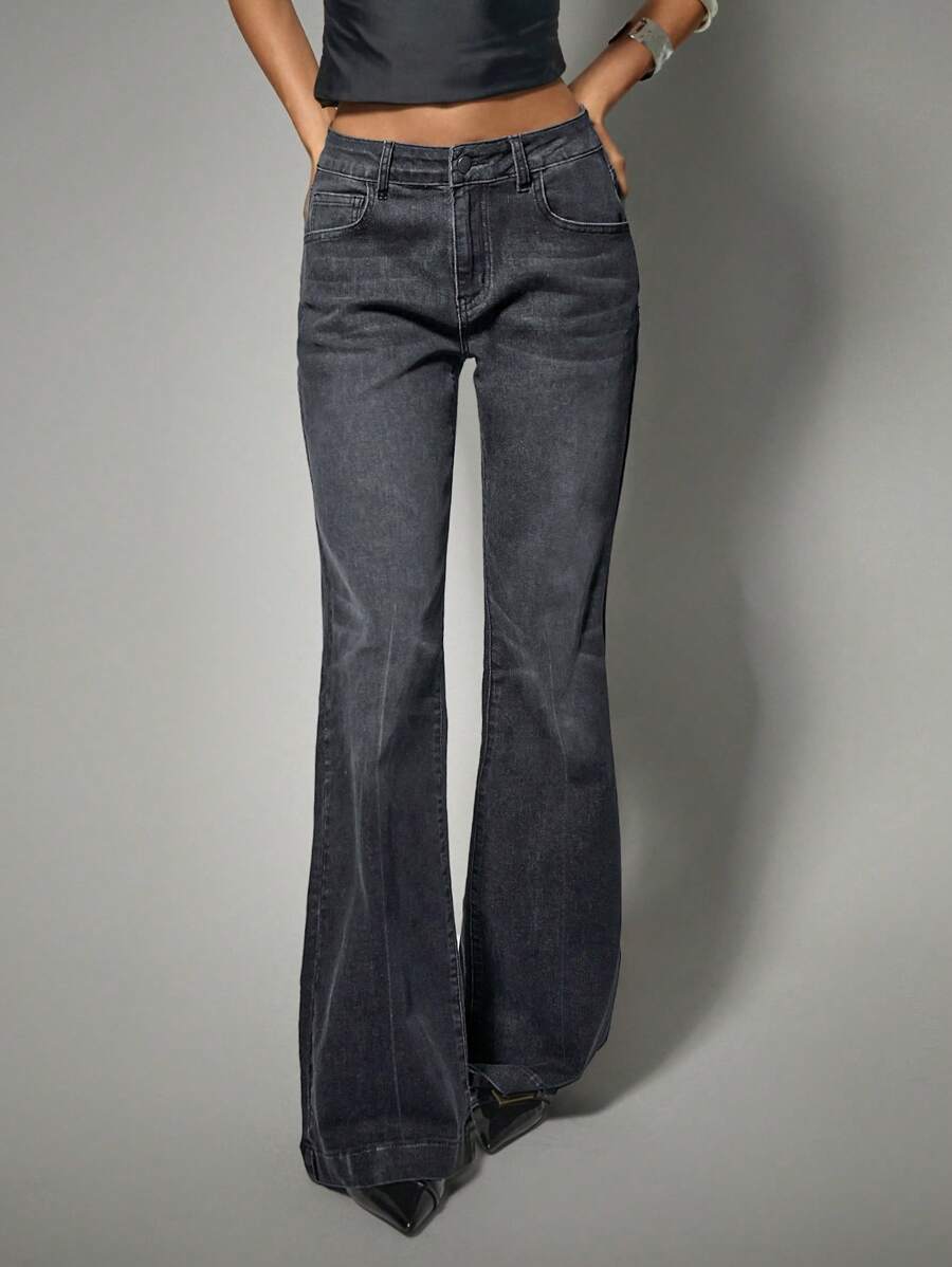 SHEIN Forever 21 Spring&Summer Women Valentine Day/Casual/Vintage/Festival/Country Concert/Brunch/Homecoming/Easter/Guest/Tea Party/Basic/Concert Women/Prom /Wedding/Rave Festival/Formal/Cowgirl/Western/Cocktail Jeans/Club/Spring/Birthday/Cute/Classy/Going Out/Straight Leg Jeans/Vacation/Blue Washed/Low Rise/Bell Bottom Jeans/Y2k/Flared Jeans - Black - View 1