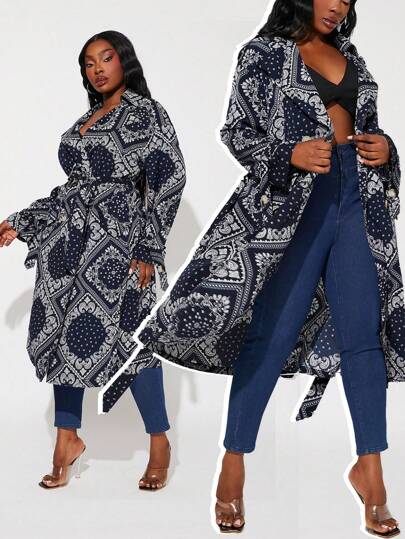 SHEIN SXY Plus Size Trench Coat Long Sleeve, Minimalist & Fashionable, Suitable For Summer