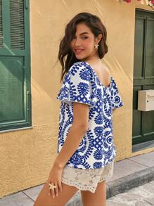 Pariaura 女士时尚新款清新碎花方领系带短袖针织 T 恤，春夏 - 白色 - 查看 2