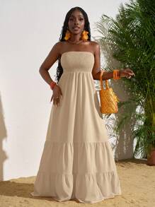 Slaydiva Sommerurlaub, einfarbig, Rüschensaum, trägerloses Kleid, Sonnenkleider für Frauen