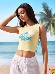 Shark Week X SHEIN 女士夏季休闲鲨鱼印花修身短款背心 - 黃色 - 查看 4