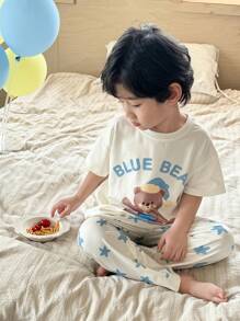 SHEIN 2pcs Young BoyCute Bear Star Print Drop Shoulder Short Sleeve Top And Elastic Waist Pants Home Wear Set Young Boys Suit Set Kids Sleep Wear - White - View 3