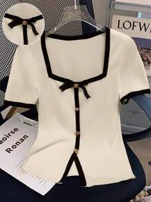 Celisse Women Knit Blend Short Sleeve Casual Metal Button Sequin Bowknot Fitted T-Shirt, Crew Neck, Summer Holiday (Random Pattern) - Apricot - View 4