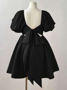 Flirla Đầm tay đèn lồng hở lưng màu trơn cổ tròn dễ thương ngọt ngào phong cách công chúa tối giản thời trang sinh viên lãng mạn ngày lễ tình nhân mùa cưới lễ phục sinh - màu đen - Xem 2