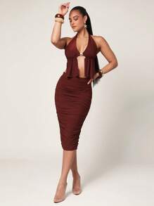 Silquee 女式优雅金属装饰不对称下摆露背吊带背心，夏季 - 棕色 - 查看 3