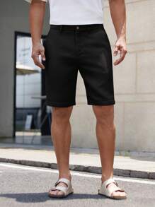 HIMLAND Men's Woven Solid Color Short Mid-Waist Straight Leg Shorts, Suitable For Daily Wear, Spring/Summer, Old Money - Black - View 4