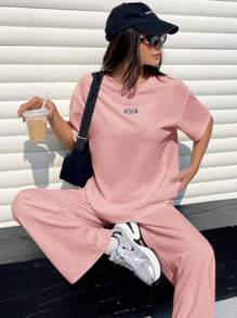 SHEIN EZwear Women Texture Casual Loose T-Shirt And Wide-Leg Pants 2Pcs Set - Dusty Pink - View 6
